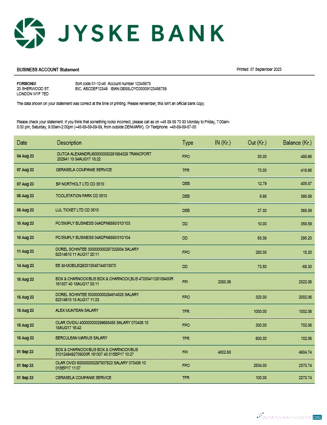 Download Jyske Bank business statement Word and PDF template Photoshop template